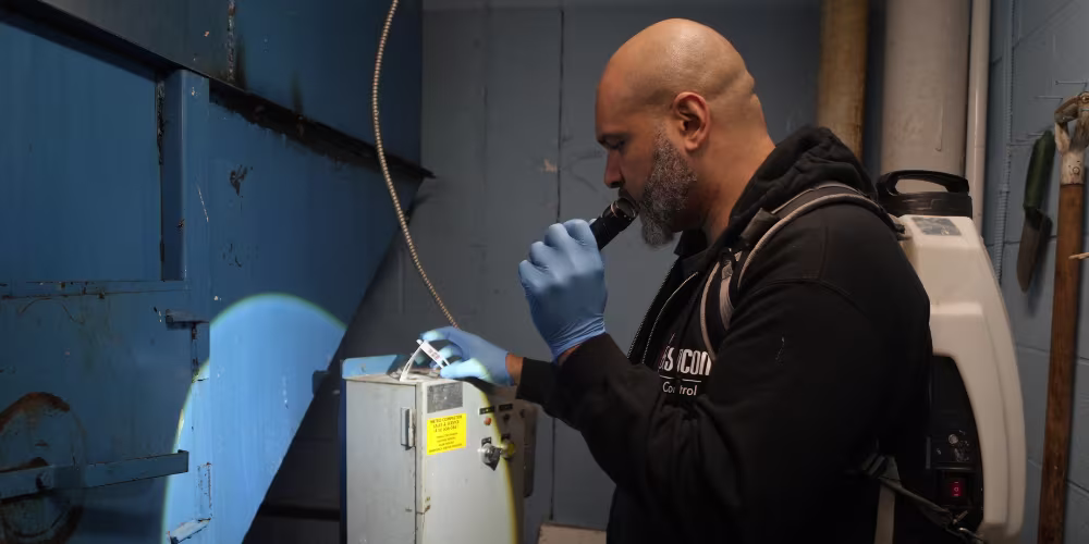 Pesticon technician performing storage facilities pest control process step-by-step
