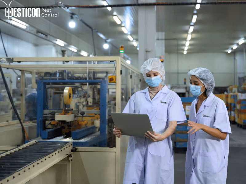 Food preparation factories pest control services near you showing Pesticon professionals monitoring hygiene and pest prevention inside a production facility