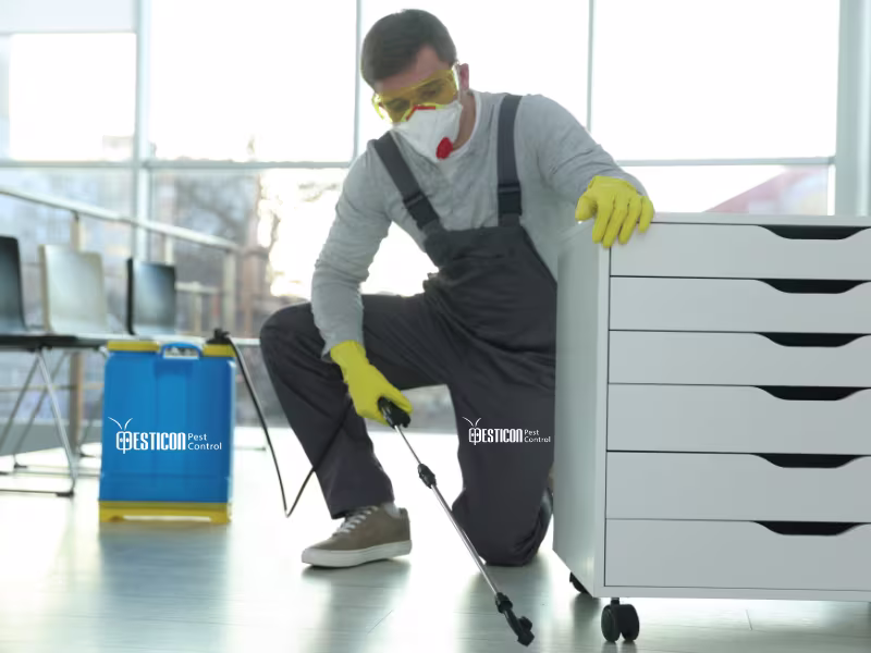 Pest control technician applying treatment near medical office cabinet