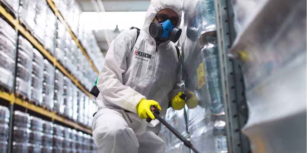 Pesticon industrial pest control process showing certified technicians inspecting a Toronto factory