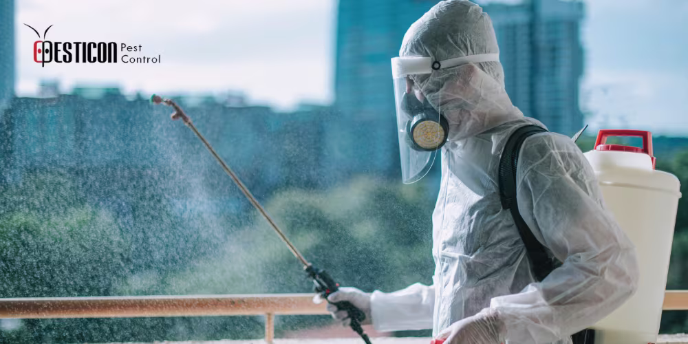 Certified technician providing pest control service in an apartment