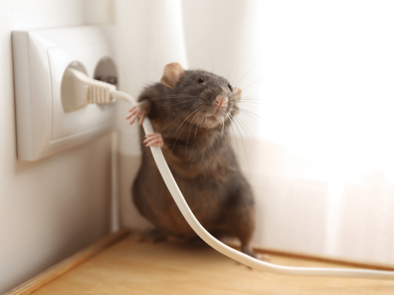 Rat chewing on an electrical wire near a wall outlet inside a residential property