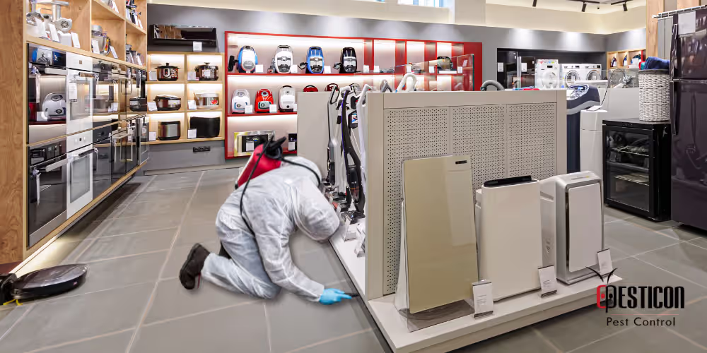 Retail store pest control process showing Pesticon technician performing targeted inspection and treatment