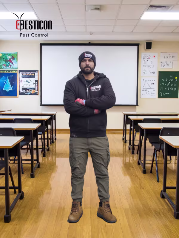 Pest control technician Danial Ahmed standing in classroom ready for school pest management service