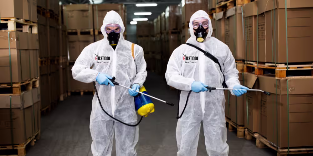 Two Pesticon technicians wearing full protective gear and holding insecticide spray equipment inside a warehouse