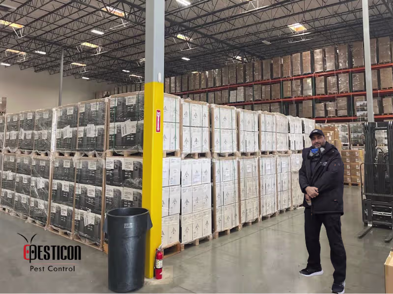 Pesticon's certified technician standing in a storage facility after providing pest control services
